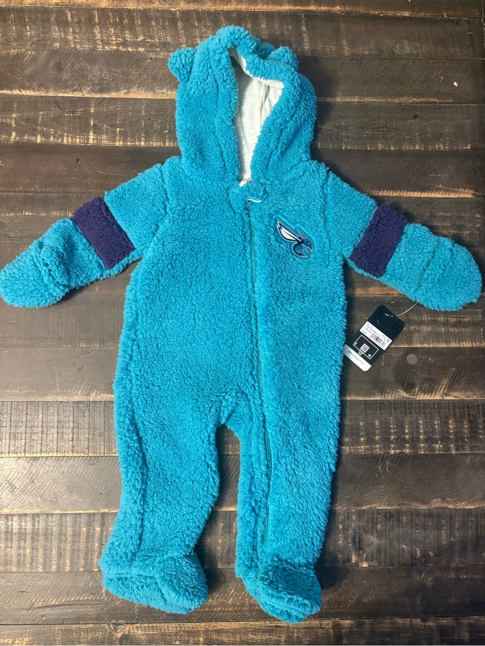 NBA Charlotte Hornets Teal Plush Hooded Baby One-Piece Onesie Zip-Up Super Soft